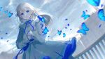  1girl blue_butterfly blue_eyes blue_ribbon bug butterfly dress hair_between_eyes highres insect long_hair original oyuyu ribbon silver_hair sky solo_focus white_dress 