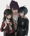  1girl 2boys :d ahoge arm_up bangs black_hair black_jacket blunt_bangs blush breast_pocket brown_eyes brown_hair collarbone commentary_request dangan_ronpa_(series) dangan_ronpa_v3:_killing_harmony facial_hair goatee grey_background hair_between_eyes hair_ornament hairclip hand_on_another&#039;s_shoulder hands_up harukawa_maki highres holding holding_hair jacket jacket_on_shoulders long_hair long_sleeves looking_at_viewer low_twintails mole mole_under_eye momota_kaito multiple_boys muuyiie open_mouth pants plaid plaid_skirt pleated_skirt pocket pout print_shirt purple_hair red_eyes red_scrunchie red_shirt saihara_shuuichi school_uniform scrunchie serafuku shirt short_hair simple_background skirt smile spiky_hair striped striped_jacket striped_pants thumbs_up twintails upper_body upper_teeth vertical_stripes white_shirt 