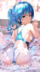  1girl ass back bangs bare_arms blue_eyes blue_hair blurry blurry_background blush breasts cherry_blossoms closed_mouth commentary_request competition_swimsuit earrings garter-velvet highres jewelry looking_at_viewer one-piece_swimsuit original petals petals_on_liquid ponytail sideboob signature small_breasts smile solo swimsuit water wet wet_clothes wet_swimsuit 