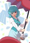  1girl :p bangs blue_eyes blue_hair blue_skirt blue_vest blush commentary_request curly_hair eyebrows_visible_through_hair geta heterochromia highres holding holding_umbrella juliet_sleeves kamuraaa_615 karakasa_obake long_sleeves long_tongue looking_at_viewer puffy_sleeves red_eyes shirt short_hair skirt tatara_kogasa tongue tongue_out touhou umbrella urameshiya v-shaped_eyebrows vest white_shirt 