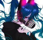  1girl animal_ears aqua_nails bangs blue_hair cat_ear_headphones cat_ears claw_pose eiku eyebrows_visible_through_hair fingernails floating_hair hair_between_eyes hatsune_miku headphones highres long_hair long_sleeves looking_at_viewer looking_back muzzle nail_polish red_eyes sharp_fingernails simple_background solo spikes tongue tongue_out twintails upper_body vocaloid white_background 