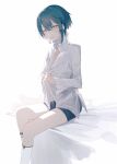  1boy androgynous bangs blue_hair blush collared_shirt earrings frills genshin_impact highres holding holding_clothes holding_shirt jewelry long_sleeves looking_at_viewer male_focus open_clothes open_mouth open_shirt shirt short_hair shorts simple_background single_earring smile solo white_background white_shirt xingqiu_(genshin_impact) yellow_eyes yoko_(nz_g) 
