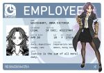  apoloniodraws business_card formal gauntlets hand_on_hip highres looking_to_the_side mole mole_under_eye original pantyhose purple_hair red_eyes scar suit wristband 