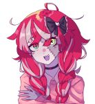  1girl bow hair_bow heterochromia highres hololive hololive_indonesia idol kureiji_ollie multicolored_hair open_mouth patchwork_skin red_eyes redhead solo stitches virtual_youtuber yellow_eyes yuno_(p2eocene) zombie 