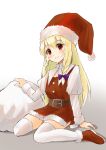  1girl belt blonde_hair blush boots bow braid christmas dress fur-trimmed_boots fur-trimmed_dress fur_trim hair_bow hat highres juliet_sleeves kirisame_marisa long_hair long_sleeves looking_at_viewer puffy_sleeves purple_bow red_dress red_eyes red_footwear santa_costume santa_hat shadow side_braid single_braid sitting smile solo thigh-highs touhou wariza white_background white_legwear yamabukiiro_(browncat) 