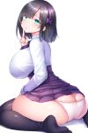  1girl :o ass bangs black_hair black_legwear breasts butt_crack commentary_request curvy eyebrows_visible_through_hair finger_to_mouth green_eyes hairband head_tilt highres huge_breasts looking_at_viewer open_mouth original panties pink_panties pleated_skirt purple_neckwear purple_skirt shirt short_hair sidelocks simple_background sitting skirt solo thigh-highs thighs tsukumiya_amane underwear wariza white_background white_shirt 