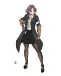  apoloniodraws formal gauntlets hand_on_hip highres looking_to_the_side mole mole_under_eye original pantyhose purple_hair red_eyes scar suit wristband 