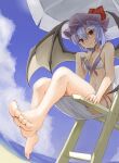  1girl barefoot bat_wings beach bikini blue_hair blush bow clouds feet hat highres looking_at_viewer mob_cap navel parasol red_bow red_eyes remilia_scarlet short_hair sitting sky smile soles solo swimsuit toes touhou umbrella white_bikini wings yamabukiiro_(browncat) 