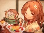  1girl :p animal bangs blush bokukawauso brown_eyes brown_hair brown_kimono chair closed_mouth clothed_animal commentary_request eyebrows_visible_through_hair floral_print flower food green_hakama hair_flower hair_ornament hakama holding holding_spoon indoors japanese_clothes kantai_collection kimono long_hair looking_at_viewer otter parted_bangs ponytail print_kimono pudding short_eyebrows signature smile spoon table thick_eyebrows tongue tongue_out white_flower wss_(nicoseiga19993411) yashiro_(kancolle) 