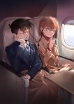  1boy 1girl absurdres airplane_interior blue_coat blue_eyes blue_neckwear book book_on_lap brown_coat brown_hair coat collared_shirt earphones finger_to_mouth head_rest highres index_finger_raised kudou_shin&#039;ichi long_sleeves looking_at_viewer meitantei_conan miyano_shiho necktie open_book red_sweater shared_earphones shiny shiny_hair shirt short_hair shushing sitting sleeping sweater tabayashi turtleneck turtleneck_sweater white_shirt wing_collar 