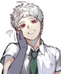  1boy ? ahoge badge bangs breast_pocket collared_shirt colored_skin dangan_ronpa_(series) dangan_ronpa_2:_goodbye_despair green_neckwear grey_hair grey_skin grin hand_on_another&#039;s_face head_tilt highres hinata_hajime hinata_hajime_(awakened) male_focus necktie pocket red_eyes shirt short_hair short_sleeves simple_background smile solo_focus spoilers suzumetarou upper_body white_background 