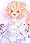  1girl :d absurdres alternate_costume bangs blonde_hair blurry blurry_background blush breasts calpis118 collarbone commentary_request crystal depth_of_field dress eyebrows_visible_through_hair eyes_visible_through_hair flandre_scarlet hair_between_eyes hair_ribbon hand_on_own_chest highres long_sleeves looking_at_viewer no_hat no_headwear one_side_up open_mouth puffy_sleeves red_eyes ribbon short_hair simple_background small_breasts smile solo touhou upper_body upper_teeth white_background white_dress white_ribbon wings 