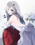 1girl :d backless_dress bangs bare_shoulders blue_flower bow chess_piece commentary dress elbow_gloves eyebrows_visible_through_hair flower girls_frontline gloves green_eyes grey_hair hair_over_one_eye highres hinami047 holding long_hair looking_at_viewer looking_back no_bra open_mouth rose see-through smile solo veil very_long_hair white_bow white_dress white_flower white_gloves white_rose xm8_(girls_frontline)