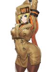  1girl arm_scarf arms_up ashiomi_masato bangs black_gloves blonde_hair blue_eyes breasts brown_coat brown_headwear buttons coat eyebrows_visible_through_hair fur_hat gloves guilty_gear guilty_gear_strive hair_between_eyes hat large_breasts leggings looking_at_viewer millia_rage short_hair simple_background solo standing thigh-highs ushanka white_background wide_hips 