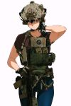  1girl absurdres ammunition_pouch arm_up assault_rifle black_hair blue_eyes blue_pants brown_shirt camouflage camouflage_headwear cowboy_shot desert_camouflage digital_camouflage ear_protection gloves gun gun_sling hair_between_eyes hand_on_own_neck helmet highres load_bearing_vest looking_at_viewer m4_carbine magazine_(weapon) mole mole_under_mouth original pants parted_lips pen_guin15 pouch rifle shirt short_hair short_sleeves simple_background solo tactical_clothes watch watch weapon white_background 