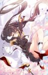  1girl absurdres azur_lane bangs breasts brown_hair commentary epaulettes gloves hair_between_eyes highres horns long_hair long_sleeves looking_at_viewer medium_breasts mikasa_(azur_lane) military military_uniform skirt solo t-bth uniform white_gloves yellow_eyes 