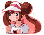  1girl bangs blush_stickers bow brown_hair clenched_hands closed_mouth commentary_request danki_tm99 double_bun floating_hair gen_5_pokemon hands_up heart highres korean_commentary long_hair pink_bow pokemon pokemon_(game) pokemon_bw2 raglan_sleeves rosa_(pokemon) shirt sidelocks sketch smile snivy solo twintails visor_cap 