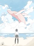  1girl absurdres animal clouds highres looking_away ocean original short_hair sky surreal thigh-highs user_uxdw5848 water whale zettai_ryouiki 