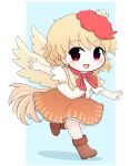  1girl :d animal bangs bird bird_wings blonde_hair blue_background blush blush_stickers boots bow brown_footwear brown_skirt brown_wings chibi chick commentary_request eyebrows_visible_through_hair feathered_wings full_body highres looking_at_viewer niwatari_kutaka open_mouth puffy_short_sleeves puffy_sleeves red_bow red_eyes rei_(tonbo0430) running shadow shirt short_sleeves skirt smile solo tail_feathers touhou two-tone_background white_background white_shirt wings 