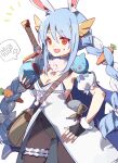  1girl :d animal_ear_fluff animal_ears bangs black_gloves black_leotard blue_hair braid breasts brown_legwear commentary_request don-chan_(usada_pekora) dragon_quest dress eyebrows_visible_through_hair fingerless_gloves fur-trimmed_gloves fur_trim gloves hair_between_eyes hand_on_hip holding hololive leotard multicolored_hair notice_lines on_shoulder open_mouth pantyhose rabbit_ears red_eyes shadowsinking short_eyebrows simple_background slime_(dragon_quest) small_breasts smile strapless strapless_dress strapless_leotard sweat sword thick_eyebrows twin_braids twintails two-tone_hair usada_pekora virtual_youtuber weapon weapon_on_back white_background white_dress white_hair 