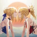  2girls ahoge artoria_pendragon_(all) bangs bare_shoulders bikini blonde_hair blue_bikini braid breasts choker closed_eyes fate/apocrypha fate/stay_night fate_(series) french_braid hair_bun hair_ornament hair_scrunchie highres jewelry long_hair mordred_(fate) mordred_(fate)_(all) multiple_girls necklace parted_bangs ponytail red_bikini saber scrunchie sidelocks small_breasts smile swimsuit tonee 