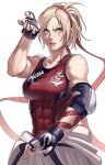  1girl abs blonde_hair blue_eyes elbow_pads fingerless_gloves gloves hanny_(uirusu_chan) headband highres lidia_sobieska looking_to_the_side muscular muscular_female namco pants ponytail red_headband red_shirt scar scar_across_eye serious shirt solo tank_top tekken tekken_7 white_background white_pants 