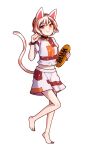  1girl :3 animal_ears barefoot bell brown_hair cat_ears cat_girl cat_tail collar commentary english_commentary full_body goutokuji_mike highres jingle_bell looking_at_viewer midriff_peek multicolored_hair neck_bell orange_eyes orange_hair paw_pose short_hair short_sleeves skirt smile solo speckticuls standing standing_on_one_leg streaked_hair tail touhou transparent_background white_hair wristband 