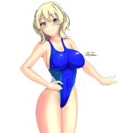  1girl blonde_hair blue_eyes blue_swimsuit breasts colorado_(kancolle) commentary_request competition_swimsuit dated highres impossible_clothes impossible_swimsuit kantai_collection large_breasts montemasa one-hour_drawing_challenge one-piece_swimsuit short_hair side_braids simple_background solo swimsuit twitter_username wet white_background 