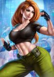  1girl abs bandaid black_hair breasts dandon_fuga english_commentary fingerless_gloves gloves green_eyes green_legwear highres kim_possible kimberly_ann_possible large_breasts lips long_hair midriff navel pants pose solo thighs toned 