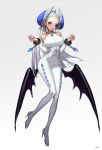  1girl bare_shoulders black_wings blue_nails bodysuit breasts bridal_gauntlets covered_navel etama_quomo full_body gradient gradient_background hair_bun hands_up head_wings high_heels high_ponytail highres large_breasts long_hair looking_at_viewer low_wings narrow_waist no_bangs original parted_lips pointy_ears sleeveless_bodysuit smile solo very_long_hair w_arms white_background white_bodysuit white_hair wings 
