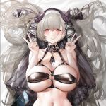  azur_lane between_breasts breasts cellphone double_v formidable_(azur_lane) grey_hair hair_in_mouth long_hair navel_piercing phone piercing red_eyes smartphone v very_long_hair xlnosearch_(xlxiaoluodiaofa) 