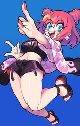  1girl bangs bare_legs black_shorts blue_background blue_eyes borrowed_character double_bun earrings full_body gashi-gashi highres jewelry looking_at_viewer lulu_(luulubuu) midriff navel open_mouth original pink_hair pink_nails round_eyewear sandals short_hair shorts simple_background smile solo 