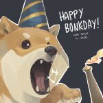  absurdres animal artist_name black_eyes candle dog english_commentary english_text fangs fire flame grey_background hat highres no_humans open_mouth original party_hat shiba_inu skyler solo sparkle tongue 