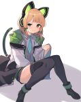  1girl absurdres black_legwear blonde_hair blue_archive cat_ear_headphones green_eyes headphones highres jacket looking_at_viewer midori_(blue_archive) necktie ribbon school_uniform shadow shoes short_hair sidelocks simple_background solo thigh-highs twintails white_background z_loader 