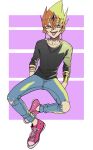  1boy blue_pants bracelet bracer circlet converse denim earrings gem hands_in_pockets jeans jewelry long_sleeves looking_at_viewer nato_(maanguito) orange_hair pants shingetsu_rei shoes sitting smile sneakers solo spiky_hair tongue tongue_out torn_clothes torn_jeans torn_pants violet_eyes yu-gi-oh! yu-gi-oh!_zexal 