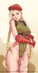  1girl absurdres blonde_hair blue_eyes bodypaint bodysuit breasts cammy_white fingerless_gloves garrison_cap gloves green_leotard hat highres large_breasts leotard long_hair long_sleeves looking_at_viewer ribbed_leotard skin_tight smile solo street_fighter street_fighter_v thighs upsi1on 