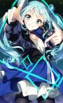  1girl aqua_eyes aqua_hair black_legwear choker earrings grin halo hatsune_miku highres jacket jewelry long_hair looking_at_viewer nail_polish sakuragi_ren skirt smile twintails very_long_hair vocaloid 