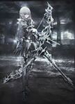  1girl armor bow_(weapon) cityscape commentary_request fantasy faulds full_body greaves grey_eyes grey_theme highres holding holding_bow_(weapon) holding_sword holding_weapon knight long_hair looking_at_viewer mixed-language_commentary original pointy_ears shoulder_armor solo standing sword tuda6 weapon white_hair 