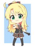  1girl :3 ahoge bangs barefoot black_vest blonde_hair blue_background blush bow chibi collared_shirt dotted_background full_body green_eyes hand_on_own_chest himesaka_noa holding holding_microphone long_hair microphone necktie pila-pela plaid plaid_bow plaid_neckwear plaid_skirt pleated_skirt shirt skirt smug thigh-highs vest watashi_ni_tenshi_ga_maiorita! white_shirt zettai_ryouiki 