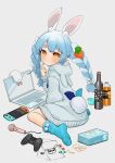  1girl alcohol animal_ears bangs blue_hair blue_legwear bottle braid bunny_tail carrot_hair_ornament computer controller cup ears food_themed_hair_ornament gotoh510 hair_ornament highres hololive hood hoodie laptop looking_at_viewer microphone nintendo_switch orange_eyes orange_juice rabbit_ears rabbit_girl rubber_band simple_background sitting smile socks solo tail thick_eyebrows twintails usada_pekora virtual_youtuber wariza white_background 