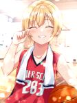  1girl ball bare_shoulders basketball basketball_uniform blonde_hair blush collarbone commentary_request facing_viewer grin happy_tears holding holding_ball idolmaster idolmaster_shiny_colors saijou_juri shiitake_taishi short_hair smile solo sportswear tearing_up tears towel towel_around_neck upper_body very_short_hair wiping_tears 