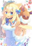  1girl :d animal_ear_fluff animal_ears bangs bell blonde_hair blue_bow blue_eyes blue_skirt blush bow breasts brown_eyes cat_ears commentary_request eevee eevee_snow eyebrows_visible_through_hair flower frilled_skirt frills gen_1_pokemon hair_between_eyes hair_bow hair_ornament hairclip hand_up high-waist_skirt index_finger_raised indie_virtual_youtuber jingle_bell kouu_hiyoyo long_hair maid_headdress medium_breasts namesake open_mouth pokemon pokemon_(creature) red_flower shirt skirt smile striped striped_background two_side_up vertical_stripes very_long_hair virtual_youtuber white_shirt wrist_cuffs 