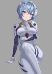  1girl absurdres ayanami_rei blue_hair bodysuit commentary_request grey_background haedalmyo hairpods highres interface_headset looking_at_viewer neon_genesis_evangelion plugsuit red_eyes short_hair simple_background sitting solo white_bodysuit 