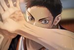  1boy artist_name black_hair blurry blurry_background brown_eyes close-up commentary_request covered_mouth derivative_work haikyuu!! hands_up highres indoors korean_commentary la_hnvk light_trail looking_at_viewer male_focus sanpaku sawamura_daichi screencap_redraw short_hair solo sportswear sweat twitter_username volleyball_uniform 