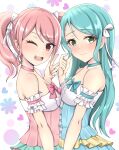 2girls ;d aqua_choker aqua_dress aqua_hair arm_strap asymmetrical_docking bang_dream! bangs bare_shoulders blush breast_press breasts choker closed_mouth commentary_request cosplay dress eyebrows_visible_through_hair floral_background green_eyes hair_between_eyes hair_ribbon hand_up heart heart_background highres hikawa_hina_(cosplay) hikawa_sayo long_hair looking_at_viewer maruyama_aya multiple_girls nanao_(naoekaki25) nose_blush one_eye_closed open_mouth pink_choker pink_dress pink_eyes pink_hair ribbon sidelocks small_breasts smile standing strapless strapless_dress twintails upper_body upper_teeth v white_background