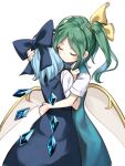  2girls asutora blue_hair cirno closed_eyes daiyousei duplicate green_hair hug ice ice_wings multiple_girls side_ponytail smile touhou wings 