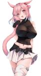  1girl animal_ears bangs blush breasts cat_ears cat_girl cat_tail detached_collar double_bun facial_mark final_fantasy final_fantasy_xiv highres himegi_you large_breasts looking_at_viewer miqo&#039;te navel open_mouth pink_eyes pink_hair pink_tail pleated_skirt short_hair simple_background skirt smile solo tail thigh-highs white_background white_legwear 