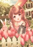  1girl :d aran_sweater arms_up bangs blue_sky blunt_bangs brick_wall brown_hair chair clouds day dutch_angle fence flower grass hair_flower hair_ornament hair_ribbon head_tilt highres holding holding_watering_can house konpeito1025 light_blush long_hair long_sleeves looking_at_viewer open_mouth original outdoors picket_fence pink_eyes pink_flower pink_sweater planter rabbit ribbon shiny shiny_hair sky smile solo sweater symbol_commentary table tree tulip very_long_hair watering_can wooden_fence wreath yellow_flower 