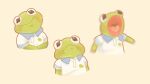  1boy :&lt; animal_print collared_shirt cropped_torso frog frog_print heart highres kapebeansies kermit_the_frog looking_at_viewer motion_blur multiple_views muppets open_mouth polo_shirt screaming shirt upper_body white_shirt 