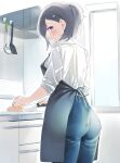  1girl apron ass back black_apron black_hair blue_pants blush chopping collared_shirt commentary cowboy_shot day denim from_behind hair_ornament hairclip highres holding holding_knife indoors jeans kiryuin_aoi kitchen kitchen_knife knife ladle looking_at_viewer looking_back nekoume open_mouth pants shirt shirt_tucked_in short_hair short_ponytail sleeves_rolled_up smile solo spatula sunlight umamusume violet_eyes white_shirt window 